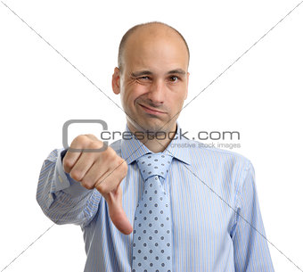 disappointed business man showing thumb down sign, isolated on w