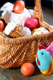 Easter basket with Easter cakes and eggs. 