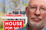 Depressed Senior Man in Front of Foreclosure Sign and House