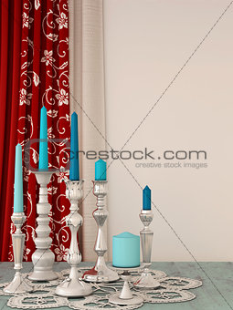 The decor of the candles and curtains