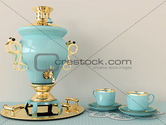 Blue samovar and cups