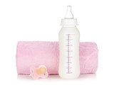 Baby bottle, pacifier and towel