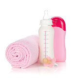 Baby milk bottle, pacifier, shampoo and towel