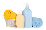 Shampoo bottles and towels