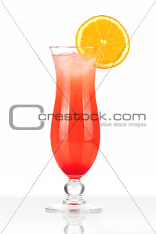 Red cocktail with ice and orange