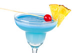 Blue alcohol cocktail with pineapple and cherry