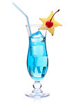 Blue cocktail with carambola and maraschino
