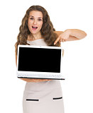 Smiling young woman pointing on laptop blank screen