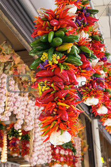 Colorful Hot Chili Peppers and Garlic Bunches