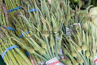 Garlic Spears and Asparagus Bundles Closeup
