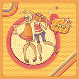 card with dancing girls in retro style