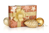 Gift box with ribbon, bow and christmas decor