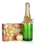 Champagne bottle, christmas gift box and decor