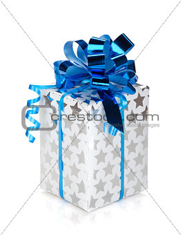 Silver gift box with blue ribbon