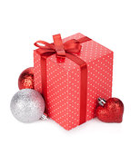 Gift box with ribbon and bow and christmas decor