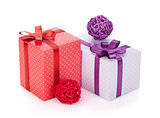 Colorful gift boxes with ribbon and bow and christmas decor