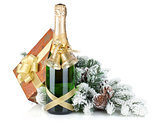 Champagne bottle, christmas gift box, decor and fir tree