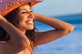 Smiling Woman Girl Bikini Cowboy Hat At Beach
