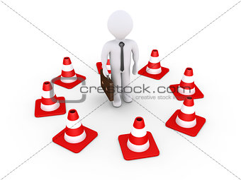 Businessman is isolated by traffic cones