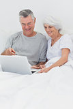 Couple using a laptop together in bed