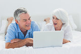 Couple using a laptop in bed