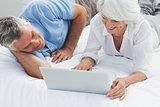 Cheerful couple using a laptop in bed