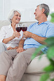 Wife and husband clinking their glasses of red wine