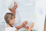 Grandmother and granddaughter painting together