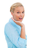 Astonished blonde woman looking at camera