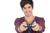 Cheerful man playing video games