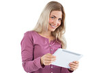 Blonde woman holding tablet pc
