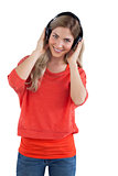 Smiling woman listening to music