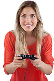 Blonde woman playing video games