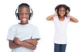 Kids listening to music with headphones