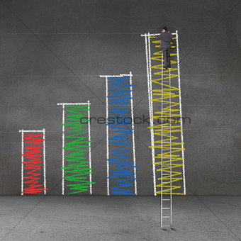 Businessman standing on a giant ladder and drawing bar chart