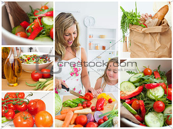 Collage of woman cutting vegetables with her daughter