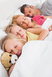 Young girl holding a teddy bear next to her sleeping family
