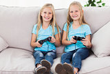 Portrait of twins playing video games together