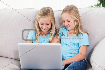 Young twins using a laptop together
