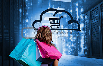 Woman in a data center holding shopping bags