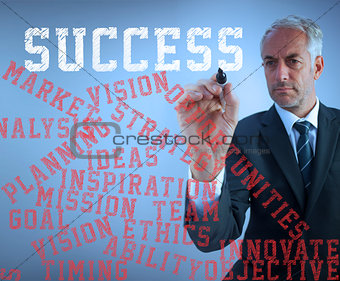 Businessman writing various words about success with a marker