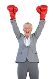 Happy businesswoman wearing boxing gloves and raising her arms