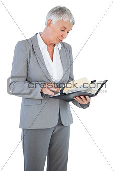 Businesswoman reading her diary
