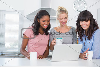 Pretty friends having coffee together and looking at laptop
