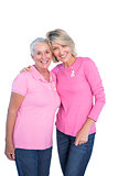 Mature women wearing pink tops and breast cancer ribbons