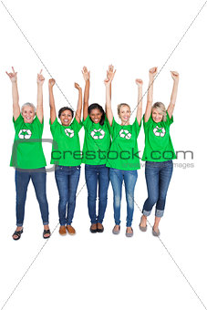 Team of happy female environmental activists cheering