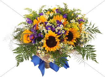 Floral arrangement of sunflowers, daisies, ferns and goldenrod.