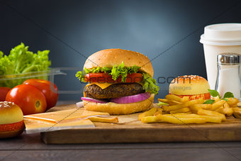 fast food hamburger, hot dog menu with burger, french fries, tom