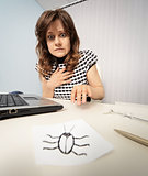 Woman scared with paper cockroach