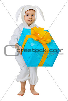Child dressed as a rabbit with a jumbo gift